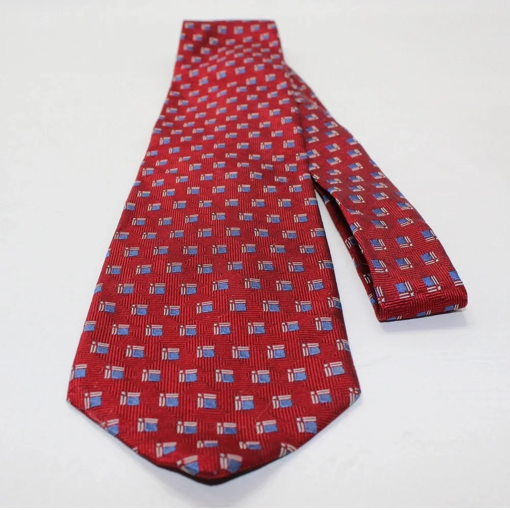 Lauren Ralph Lauren Mens Red Geometric Square Silk Necktie Hand Finished USA‎
